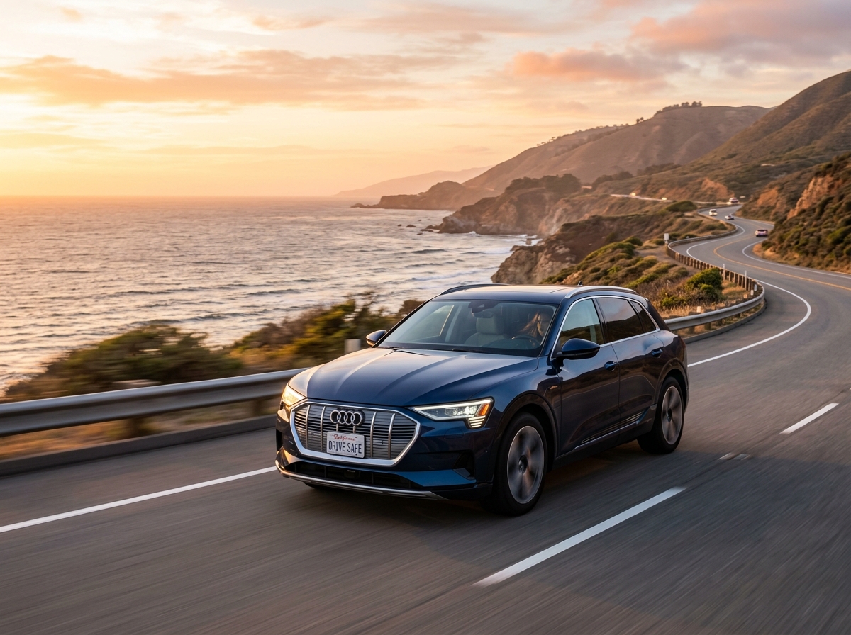 A clean modern automobile driving down a scenic highway