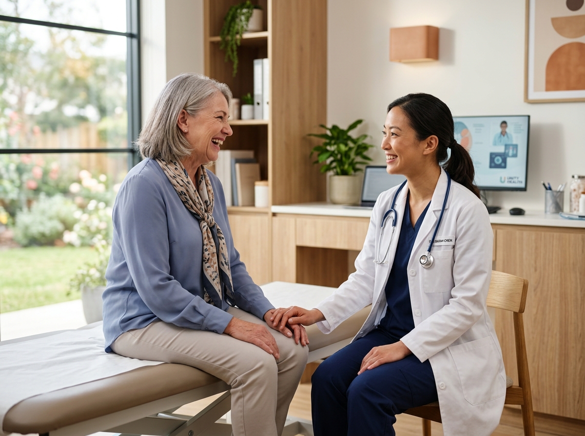 Caring medical professional talking with a happy patient in a bright clinic room